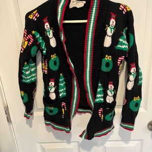 Festive Black Cardigan with Snowman and Tree Design